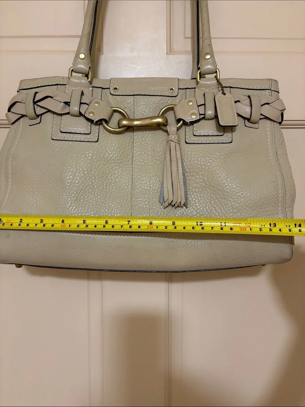 Coach Cream Leather Shoulder Tote with Braided Trim and Tassel